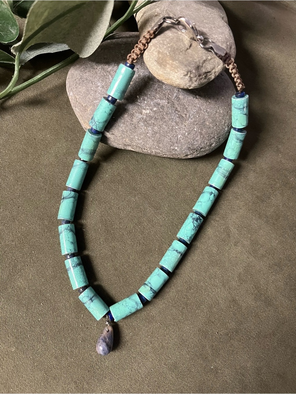 Handmade Turquoise Beaded Pendant Necklace - sodalite teardrop
